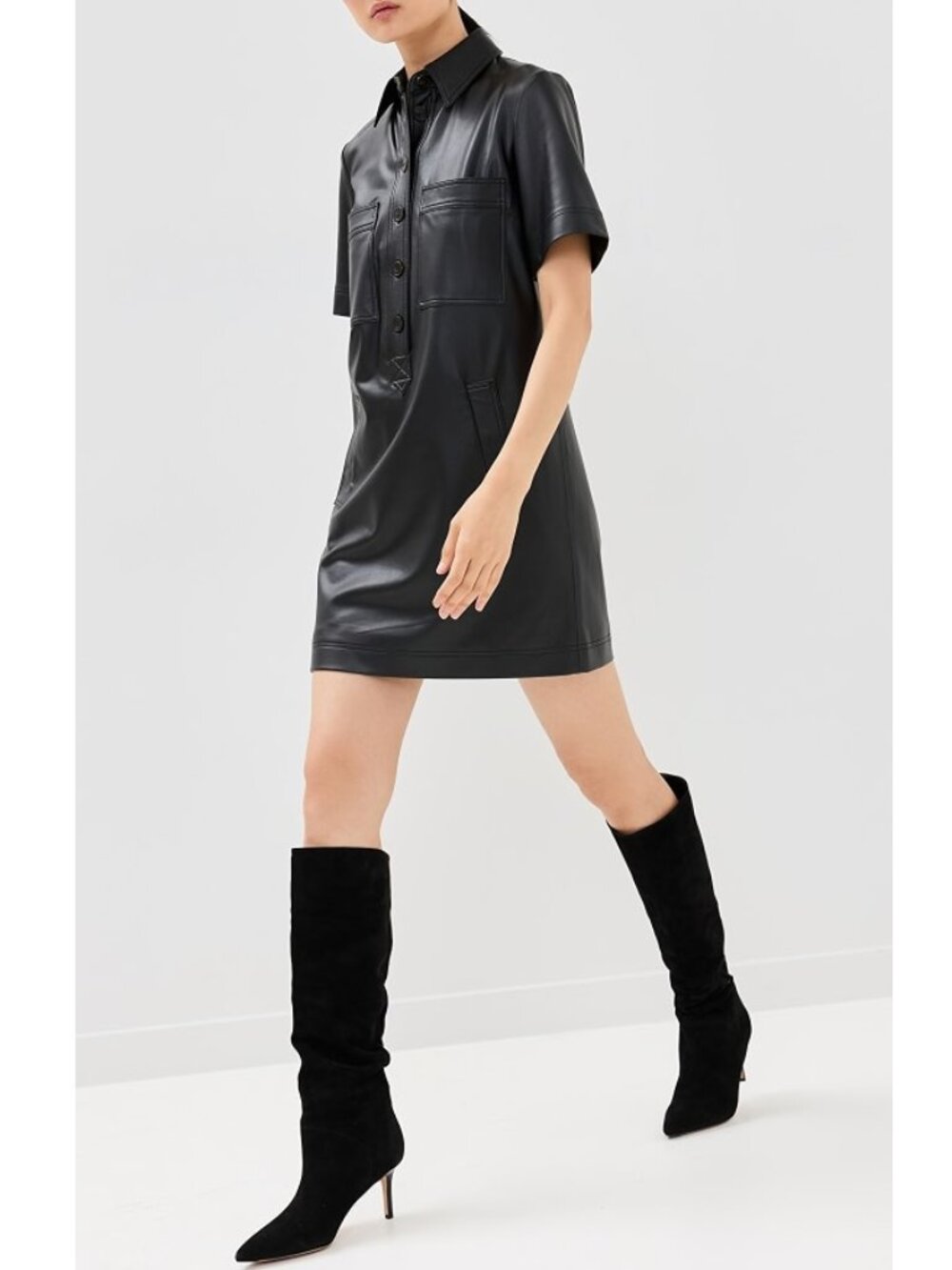 Veronica Beard 'Koulis' Vegan-Leather Mini Shirtdress, Black